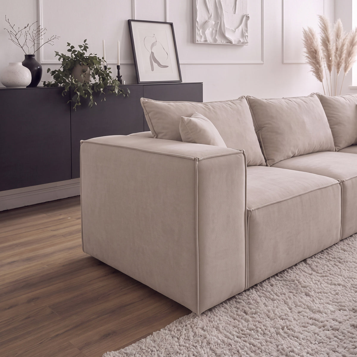 Canapé Modulable - Velours beige - 4 Places + 1 Pouf