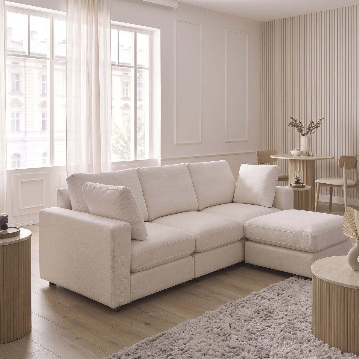 Canapé Julia Modulable - Velours Blanc - 3 Places + 1 Pouf