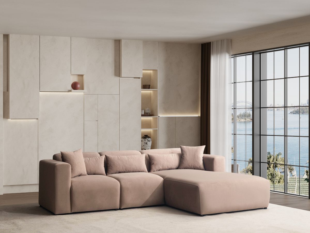 Canapé d’angle Barkley en velours anti-tâche mokka – Angle droit ou gauche – 265x185 cm