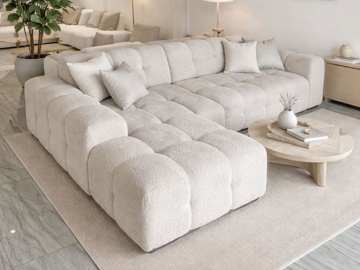 Canapé d’angle convertible Bubble 275x175 cm en laine rasée blanc cassé – Angle droit ou gauche – Design moderne