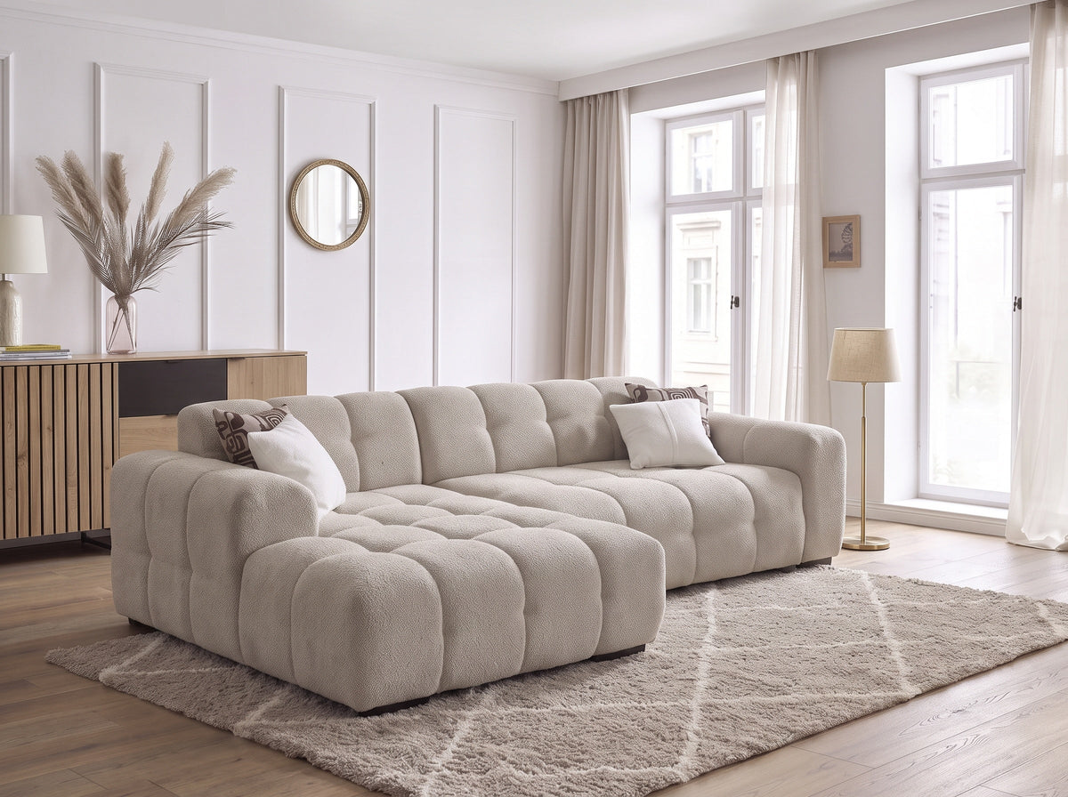 Canapé d’angle convertible Bubble 275x175 cm en laine rasée blanc cassé – Angle droit ou gauche – Design moderne