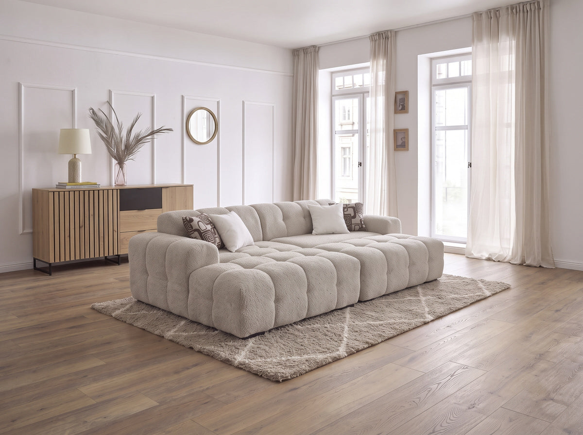 Canapé d’angle convertible Bubble 275x175 cm en laine rasée blanc cassé – Angle droit ou gauche – Design moderne
