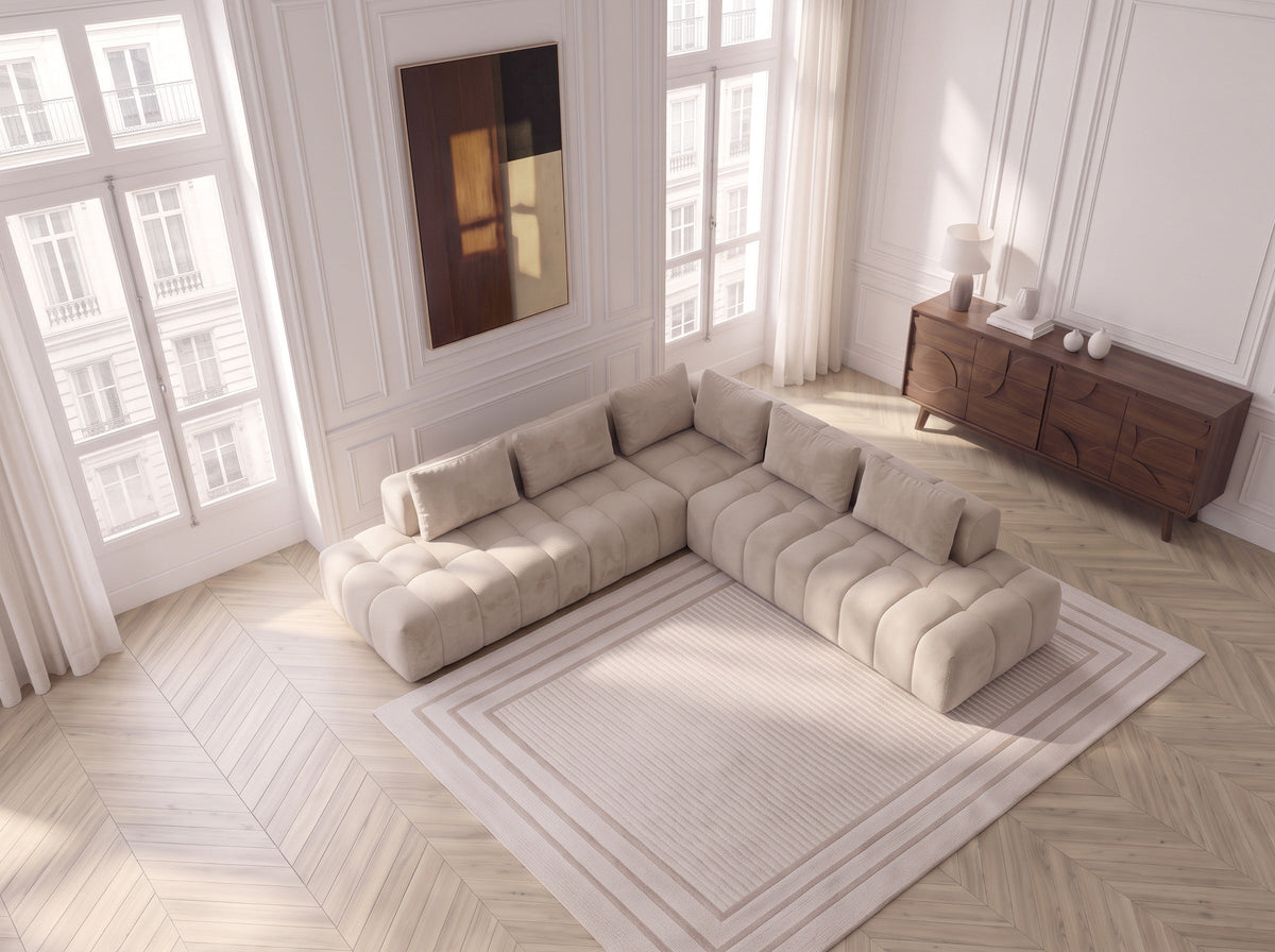 Canapé d’angle Liyah 295x295 cm en laine rasée beige crème – Grand canapé design moderne et confortable