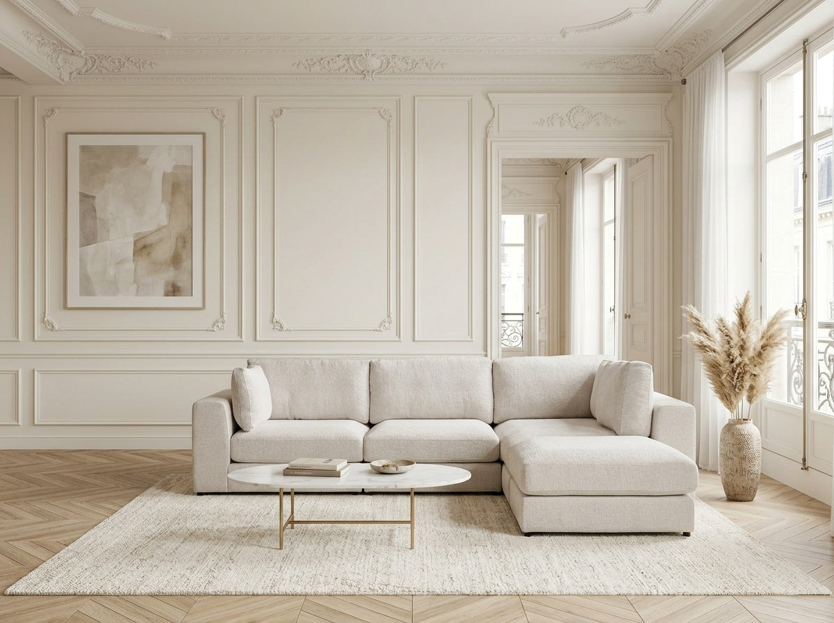 Canapé Julia Modulable - Tissu Chenille Blanc - 4 Places + 1 Pouf