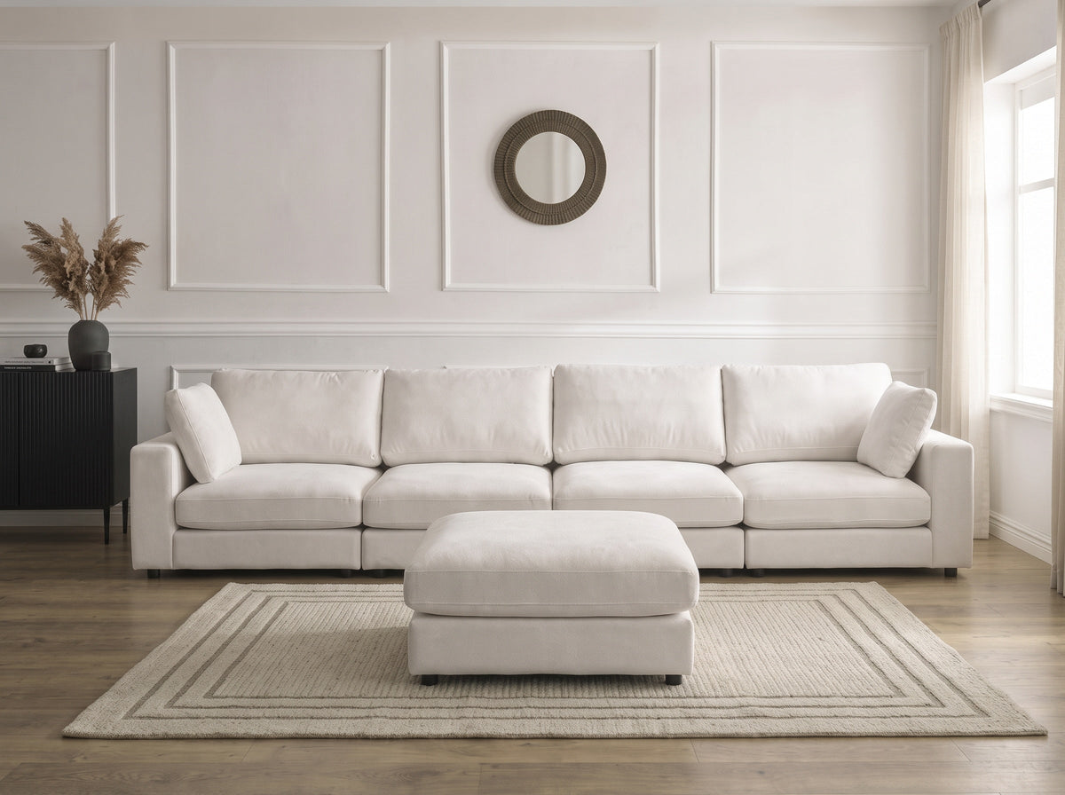 Canapé Julia Modulable - Velours Blanc - 4 Places + 1 Pouf