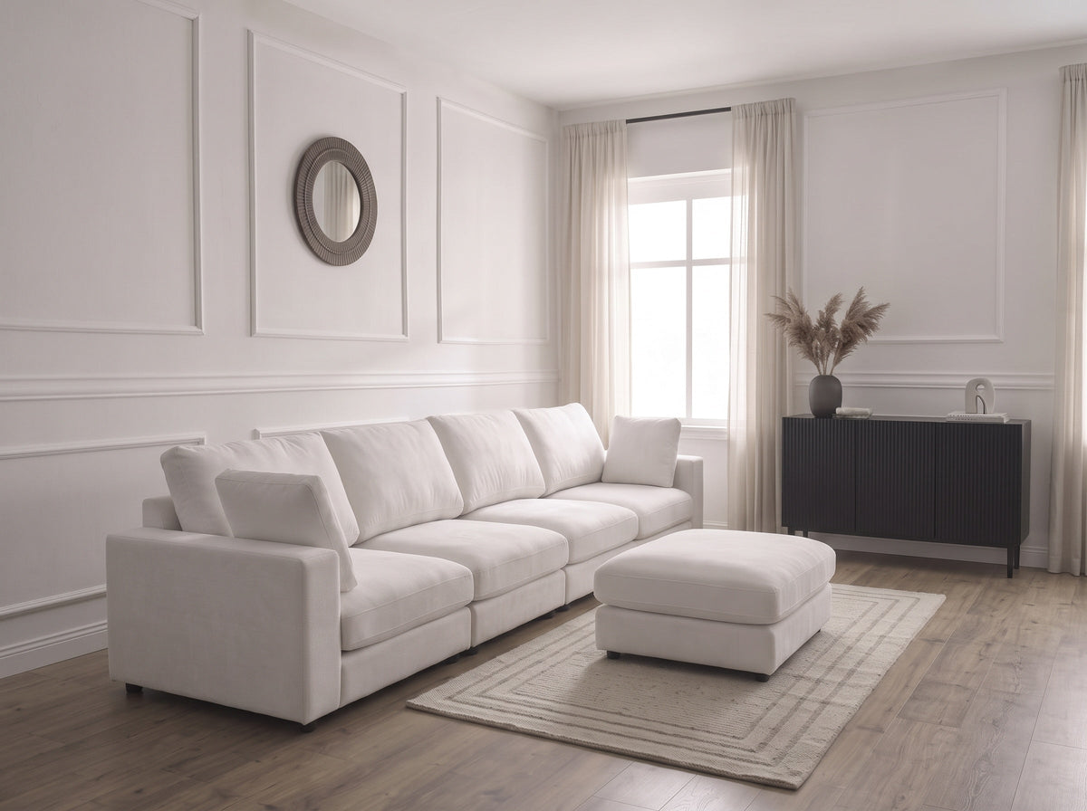 Canapé Julia Modulable - Velours Blanc - 4 Places + 1 Pouf