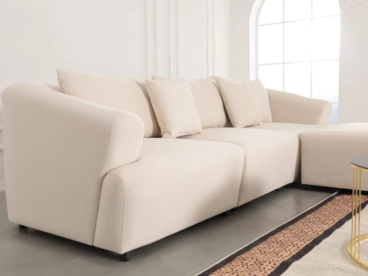 Canapé Modulable Lokkum - Velours Blanc - 3 Places + 1 Pouf - Traitement Anti-Tâche