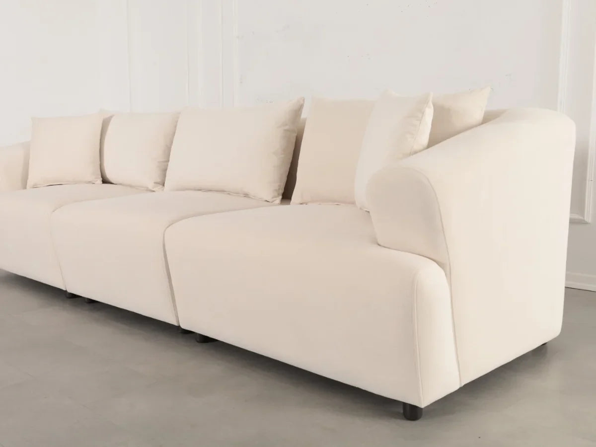 Canapé Modulable Lokkum - Velours Blanc - 3 Places + 1 Pouf - Traitement Anti-Tâche