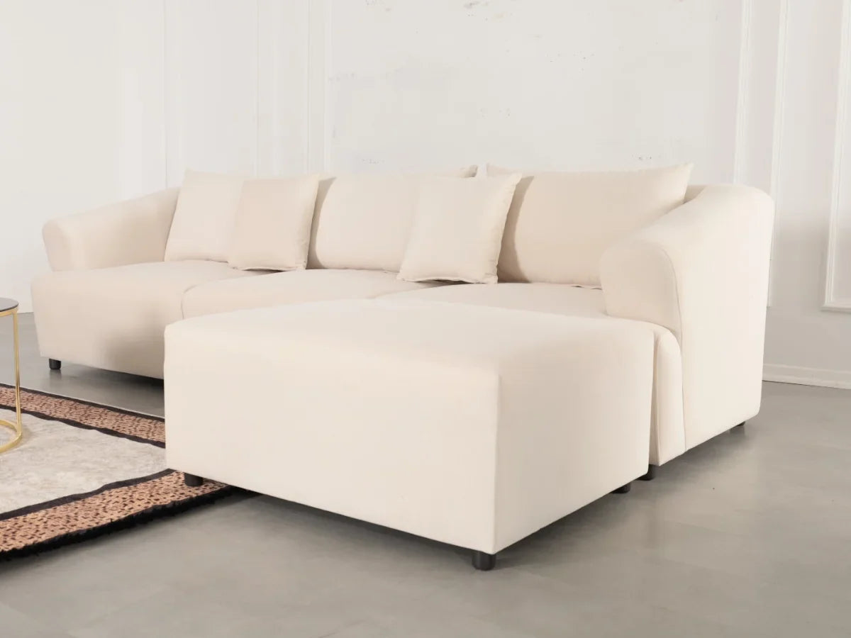 Canapé Modulable Lokkum - Velours Blanc - 3 Places + 1 Pouf - Traitement Anti-Tâche