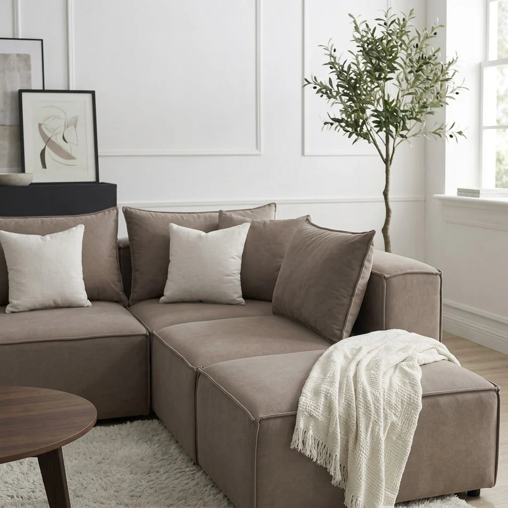 Canapé Modulable - Velours Moka - 4 Places + 1 Pouf