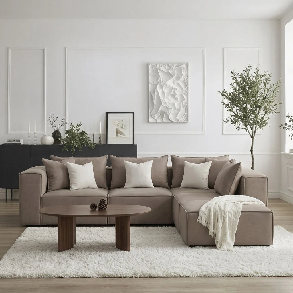 Canapé Modulable - Velours Moka - 4 Places + 1 Pouf