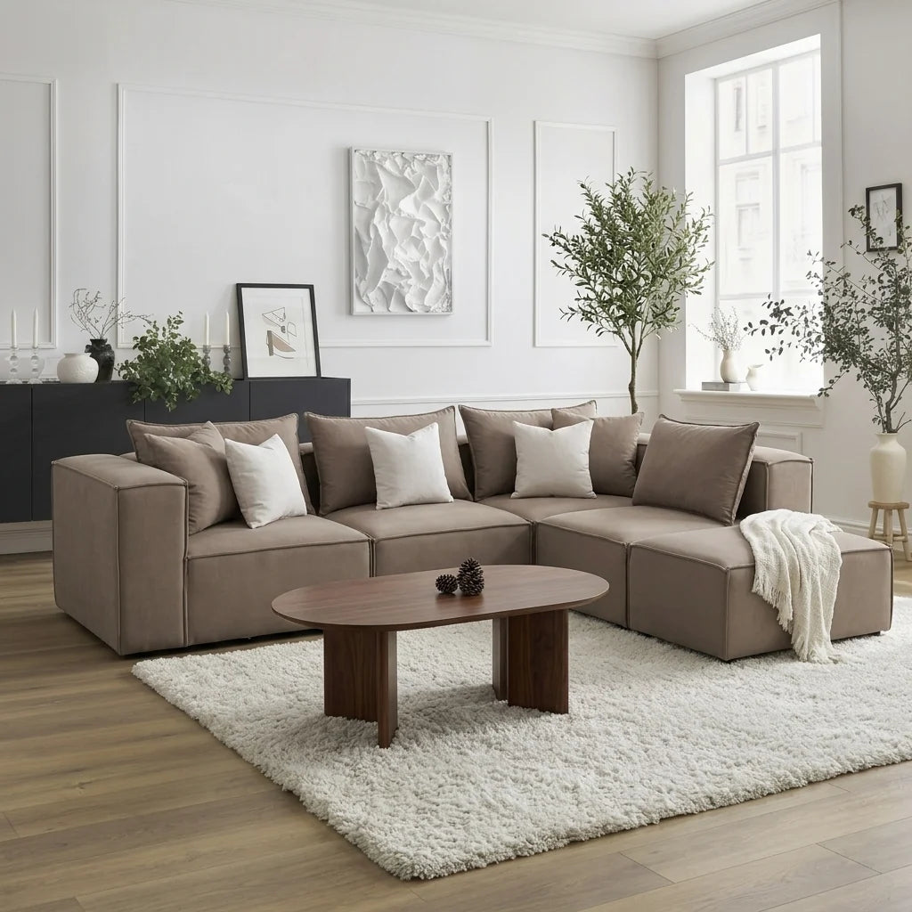 Canapé Modulable - Velours Moka - 4 Places + 1 Pouf