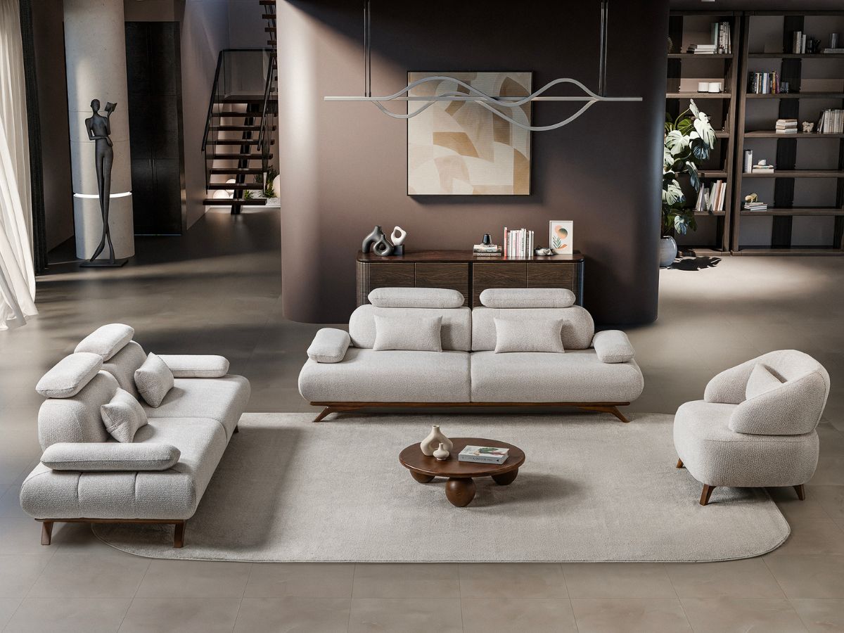 Canapé Monza 3+3+1 places en laine bouclée rasée – Pieds bois noyer