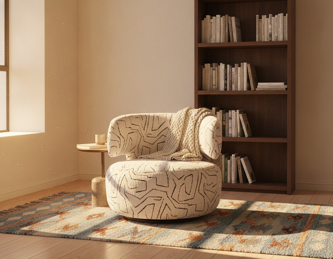 Fauteuil Pivotant en Chenille - Motif Abstrait Écru & Noir