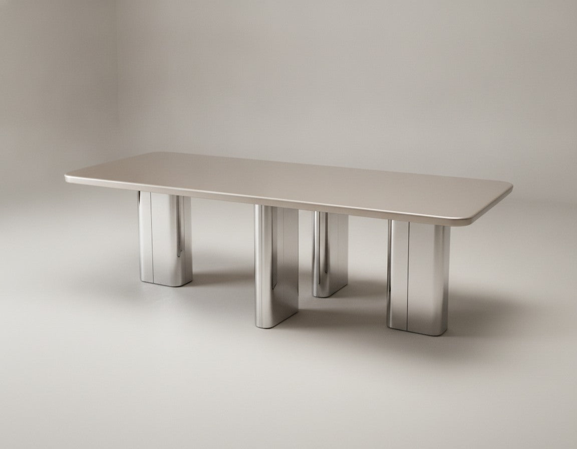 Table à Manger Rectangulaire - Plateau Laqué Taupe & Piètement Chrome