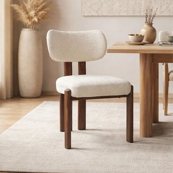 Chaise Design Bouclette Blanche & Noyer – Tissu Chenille Bouclé