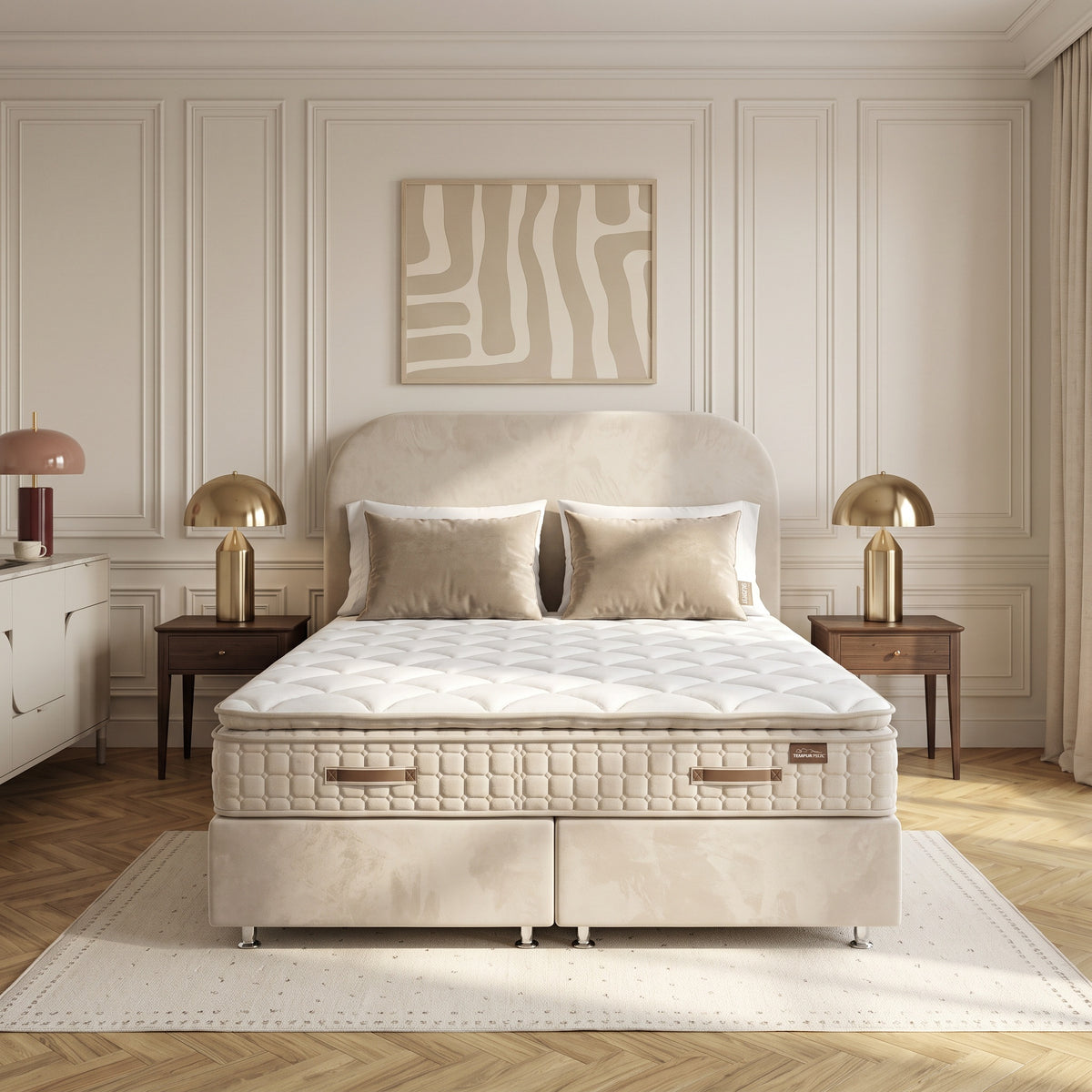 Pack Lit Coffre Jade Beige Velours Anti-Tâche + Matelas 30cm + Surmatelas Intégré + 2 Oreillers Offerts | 140x190 / 160x200 / 180x200