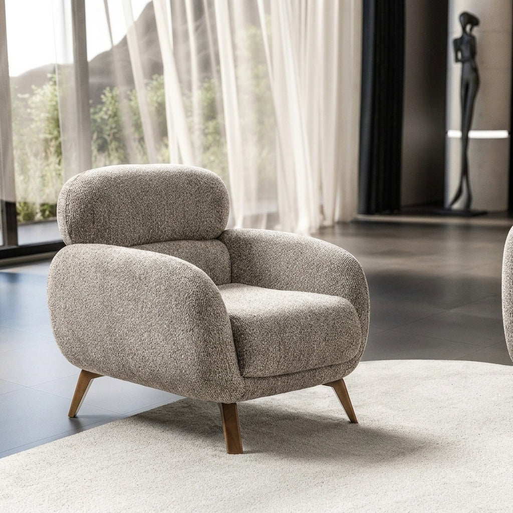 Salon Complet Bouclé 3+3 Places + Fauteuil — Tissu Bouclé Premium, Pieds Bois Noyer, Design Contemporain