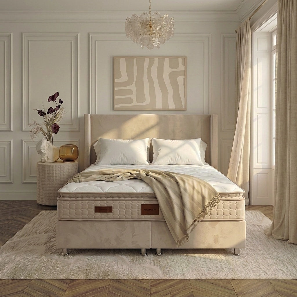 Pack Lit Coffre Coco - Velours Beige Anti-Tâche + Matelas 30cm + 2 Oreillers Offerts