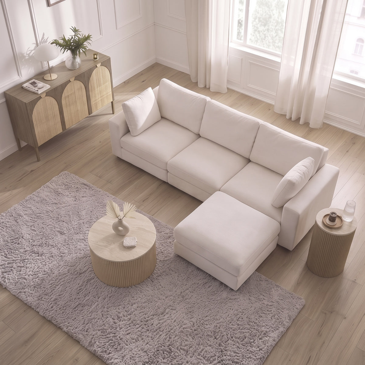 Canapé Julia Modulable - Velours Blanc - 3 Places + 1 Pouf