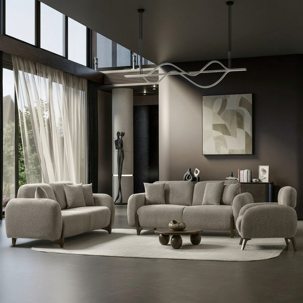 Salon Complet Bouclé 3+3 Places + Fauteuil — Tissu Bouclé Premium, Pieds Bois Noyer, Design Contemporain