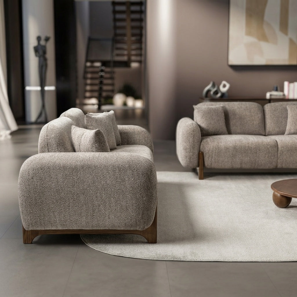 Salon Complet Bouclé 3+3 Places + Fauteuil — Tissu Bouclé Premium, Pieds Bois Noyer, Design Contemporain