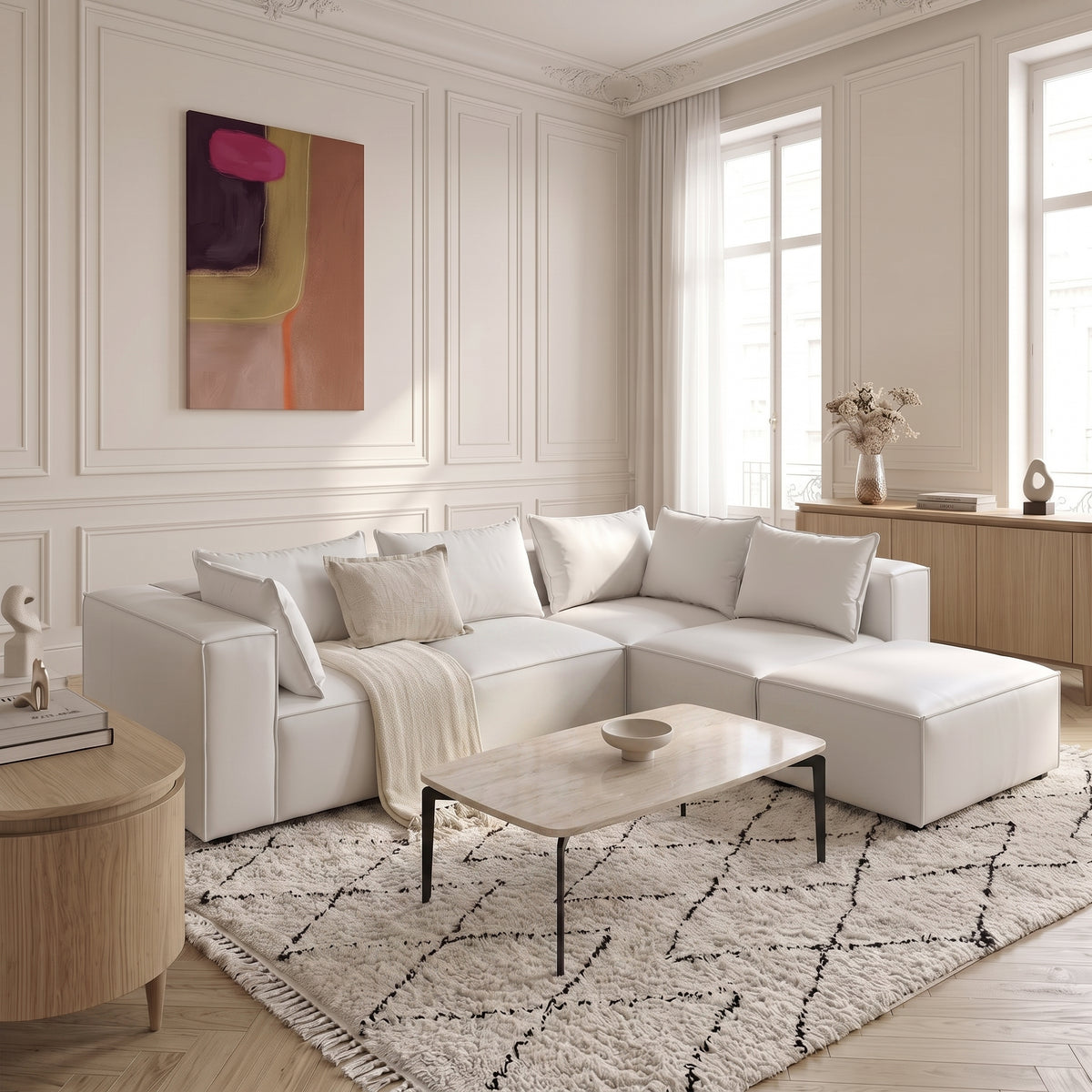 Canapé Modulable 4 Places + Pouf en Velours Blanc
