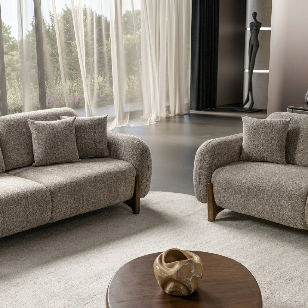 Salon Complet Bouclé 3+3 Places + Fauteuil — Tissu Bouclé Premium, Pieds Bois Noyer, Design Contemporain