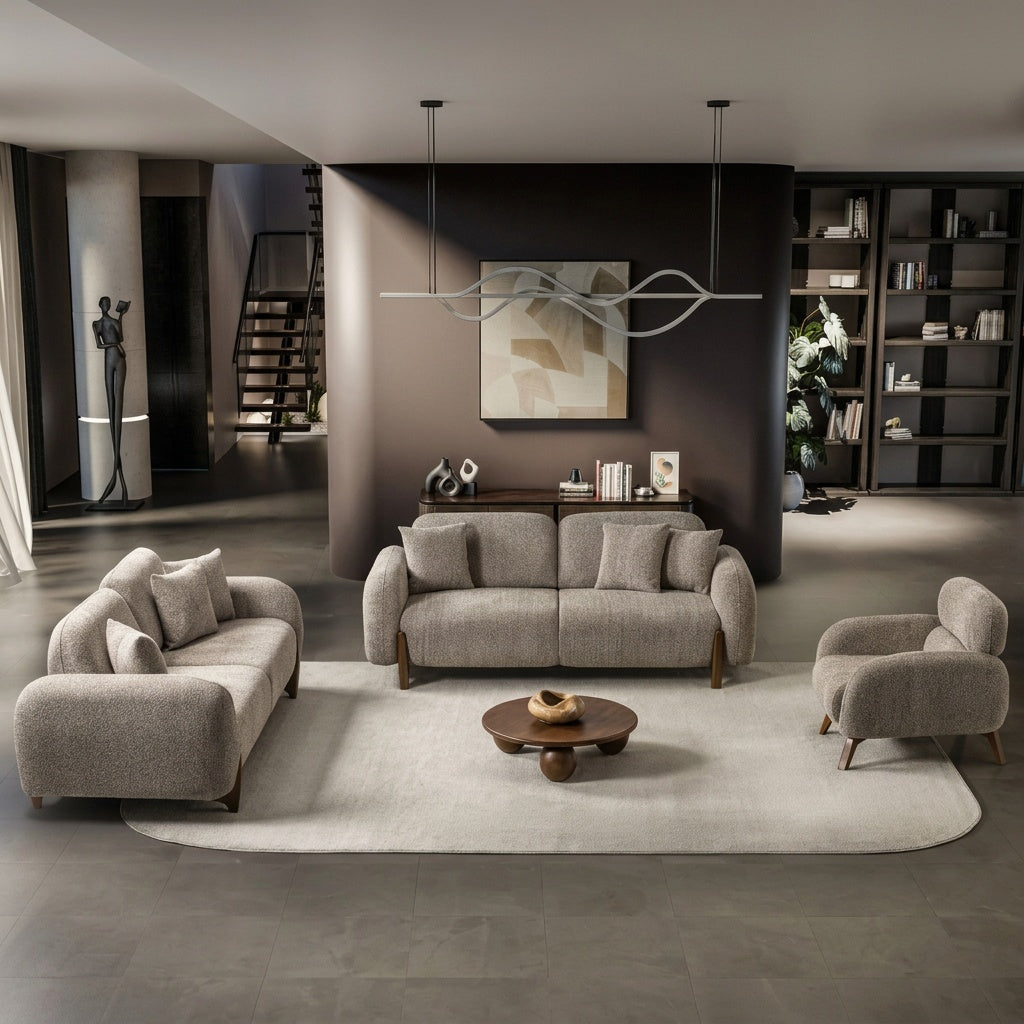 Salon Complet Bouclé 3+3 Places + Fauteuil — Tissu Bouclé Premium, Pieds Bois Noyer, Design Contemporain