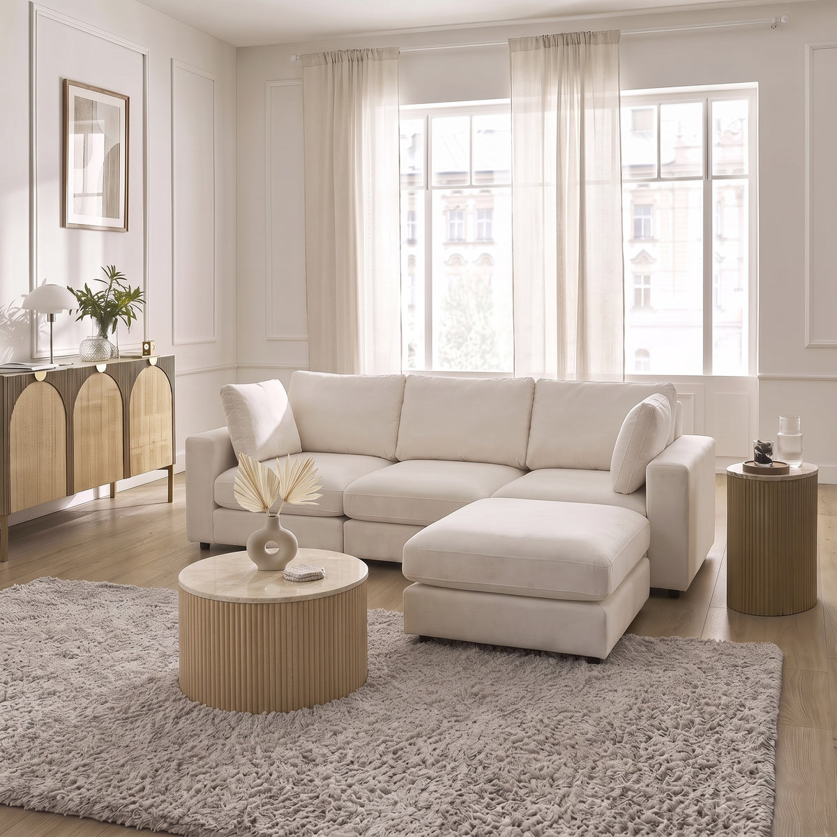 Canapé Julia Modulable - Velours Blanc - 3 Places + 1 Pouf