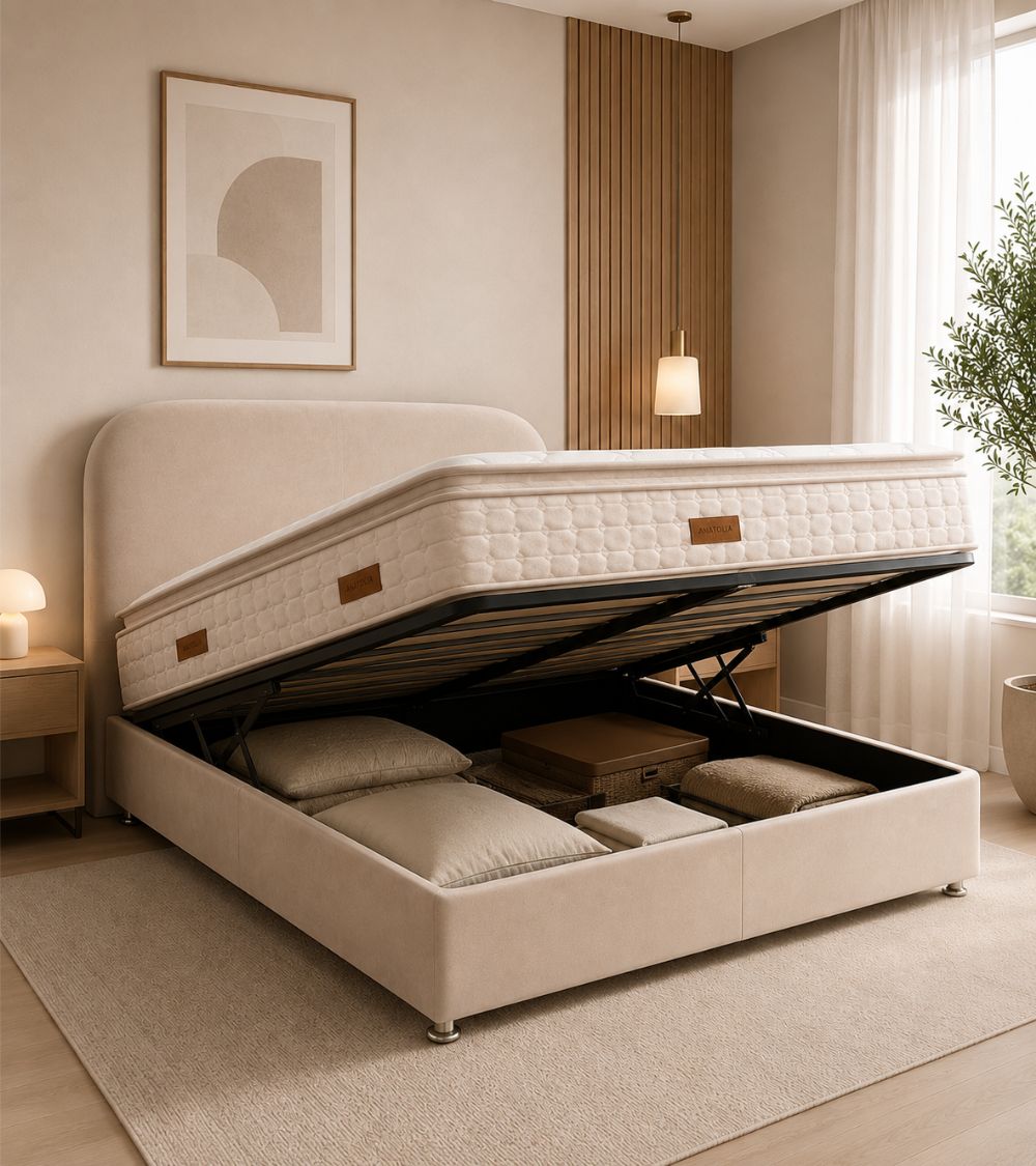 Pack Lit Coffre Jade Beige Velours Anti-Tâche + Matelas 30cm + Surmatelas Intégré + 2 Oreillers Offerts | 140x190 / 160x200 / 180x200
