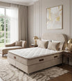 Pack Lit Coffre Jade Beige Velours Anti-Tâche + Matelas 30cm + Surmatelas Intégré + 2 Oreillers Offerts | 140x190 / 160x200 / 180x200