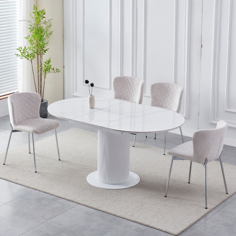 Table à Manger Sofia – Extensible – Plateau Céramique Blanc – Pieds Bois Laqué – 125 à 165 cm