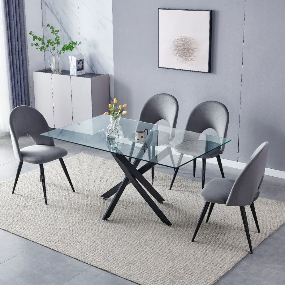 Table à Manger Olivia – Plateau en Verre – Pied Noir – 150 cm