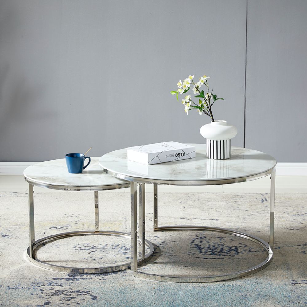 Tables Basses Gigognes Duo – Plateau Effet Marbre – Pied Chrome
