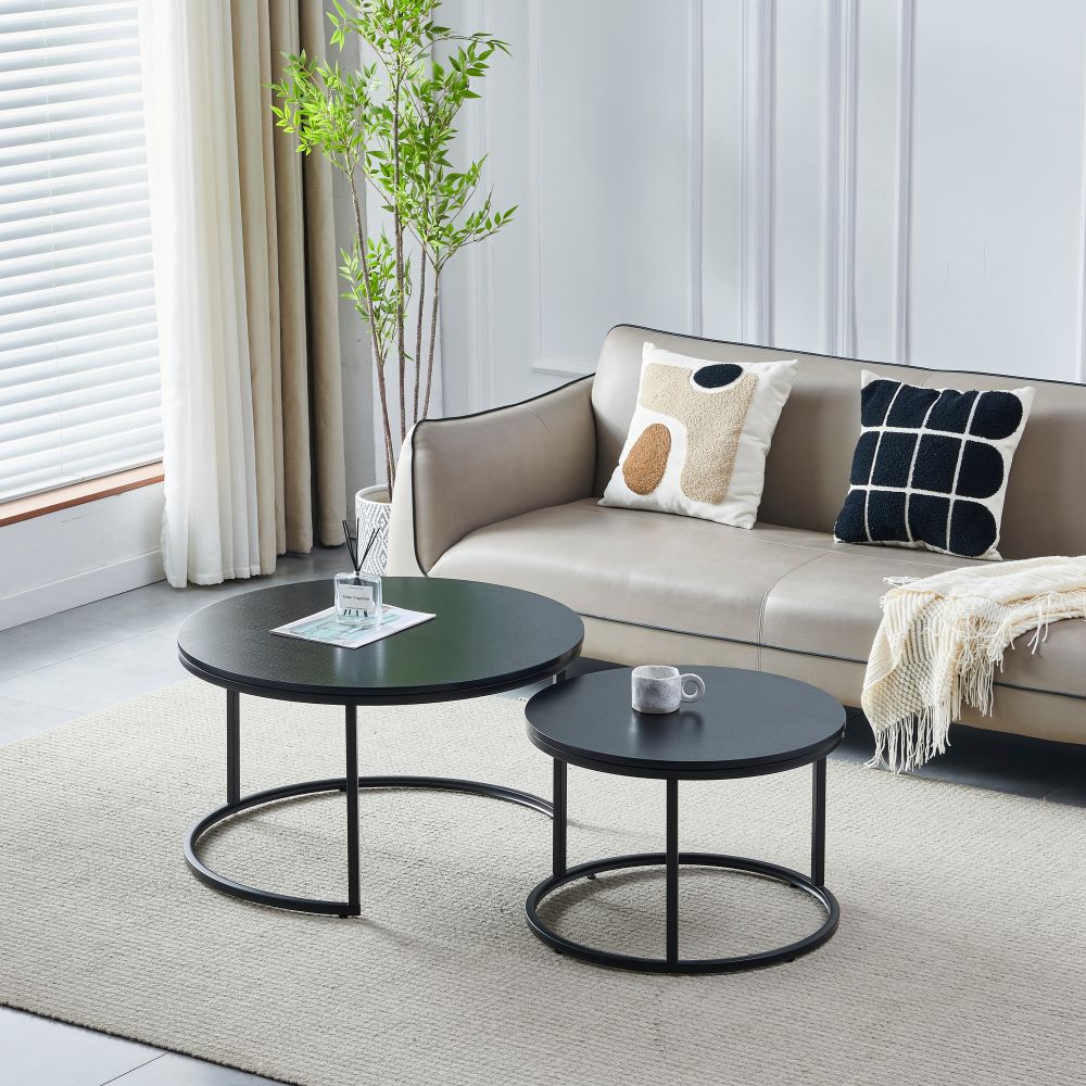 Tables Basses Gigognes Duo – Rondes – Plateau Bois Noir & Pied Métal Noir