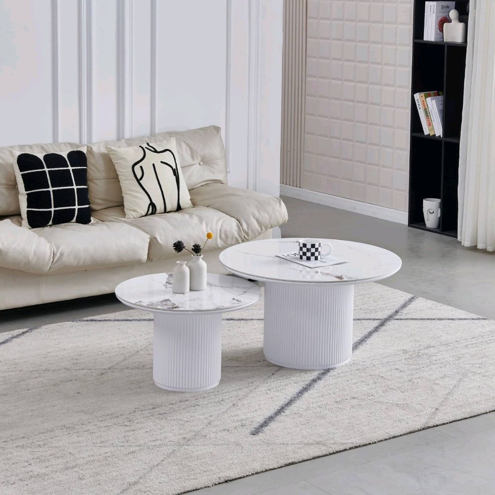 Tables Basses Gigognes Pila – Rondes – Plateau Céramique Effet Marbre Anti-Rayure – Pied Bois Laqué Blanc