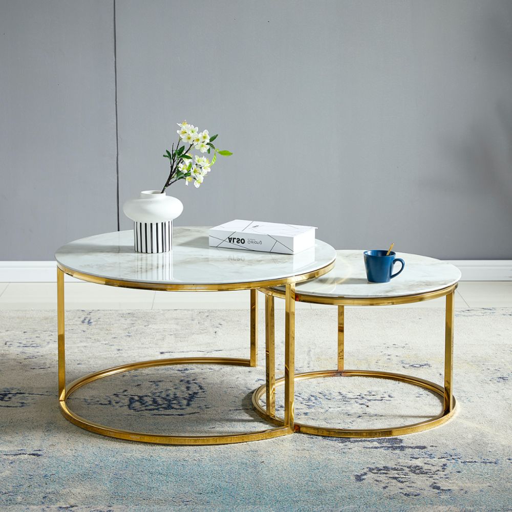 Tables Basses Gigognes Duo – Plateau Effet Marbre – Pied Doré