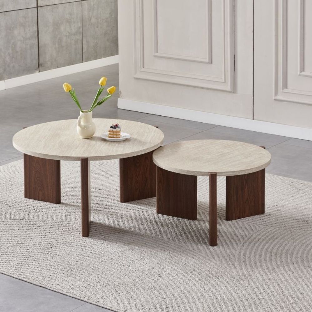 Tables Basses Gigognes Zora – Effet Travertin & Pied Noyer