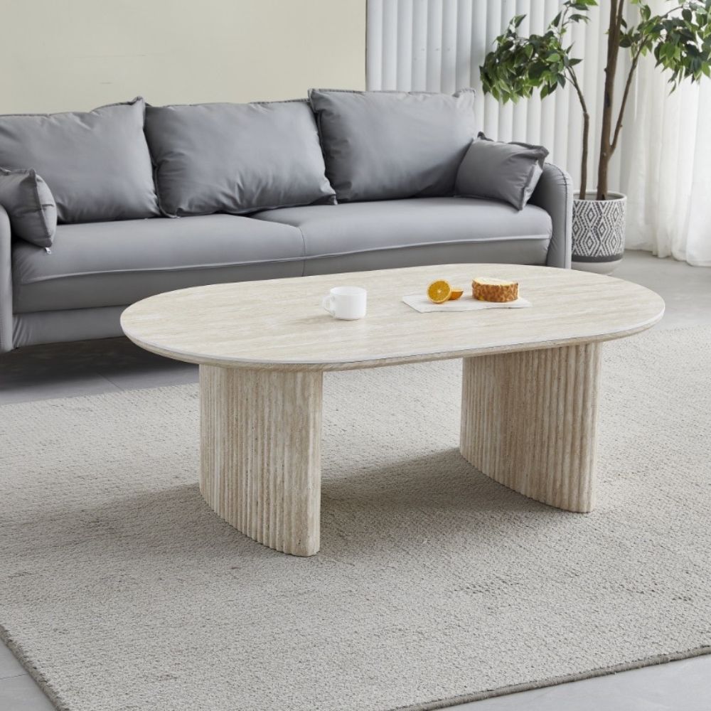 Table Basse Joséphine – Effet Travertin – Plateau Céramique Anti-Rayure – 120x70x45 cm