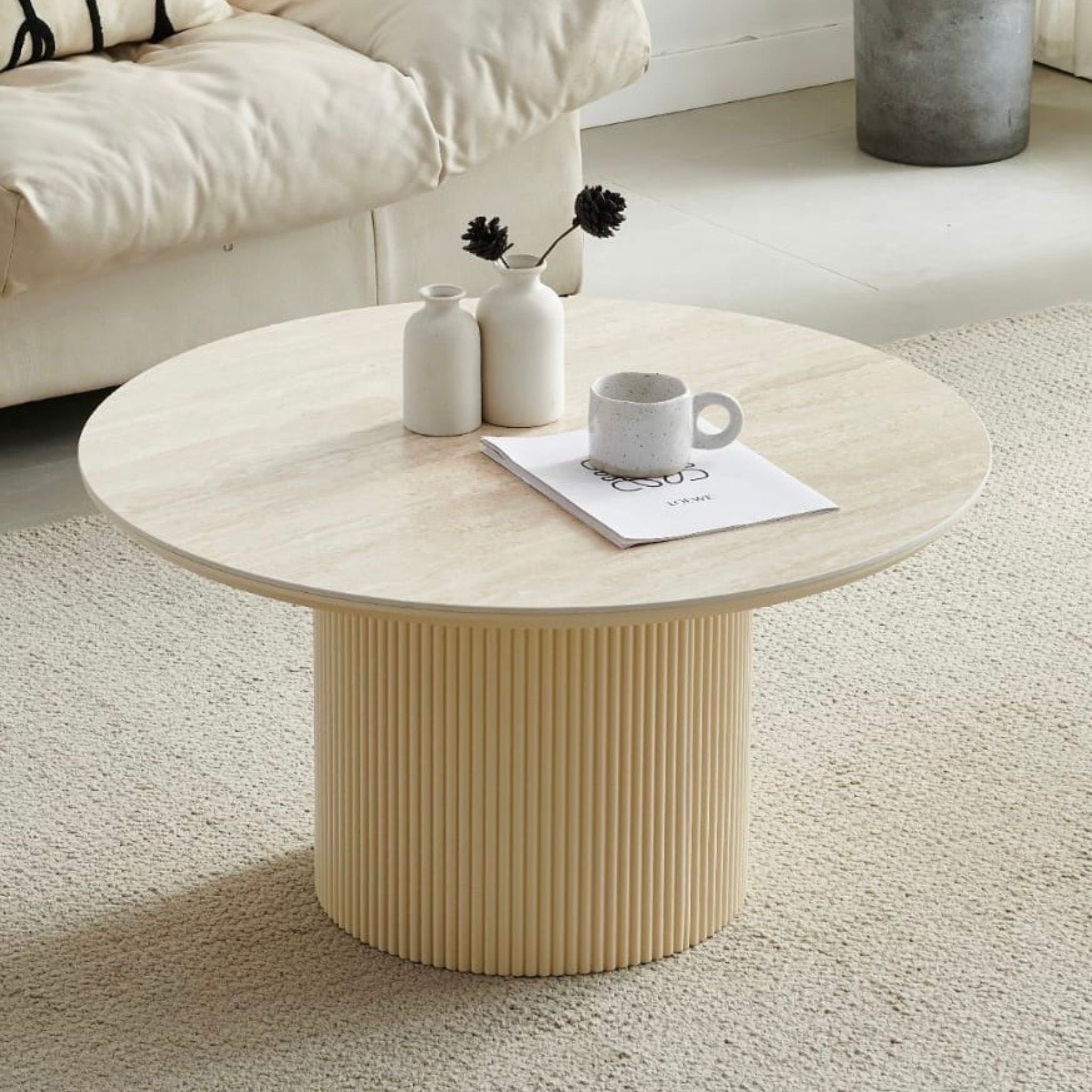 Table basse Calypso en céramique effet travertin ronde