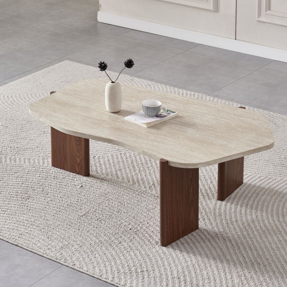 Table Basse Zora – Plateau Effet Travertin – Pied Noyer – 120 cm