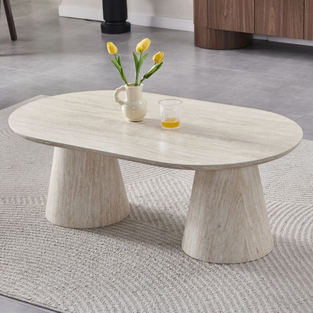 Table Basse Iconic – Plateau Céramique Effet Travertin – Design Moderne