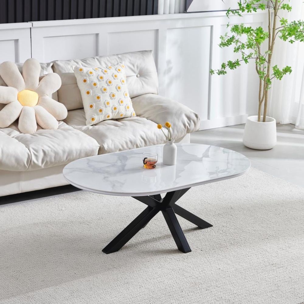 Table Basse Ophélia – Ovale – Plateau Céramique Effet Marbre – Pied Métal Noir – 120x70x45 cm