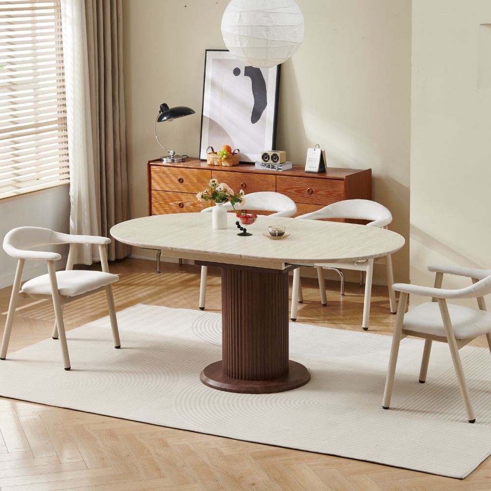 Table à manger extensible Sofia 125/165 cm – Céramique travertin & pied noyer
