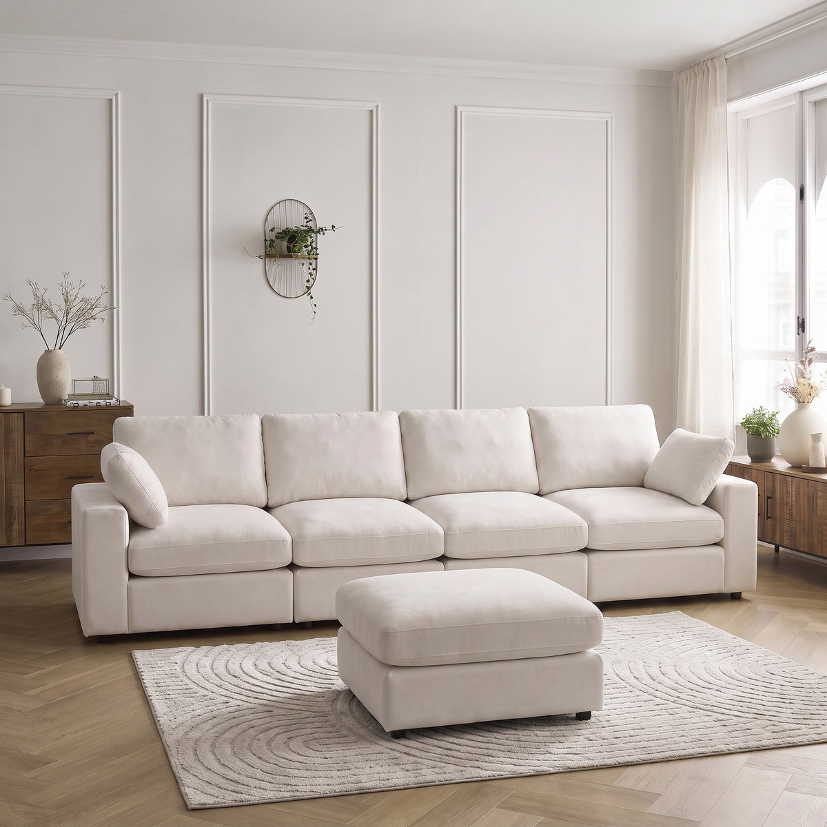Canapé Julia Modulable - Velours Blanc - 4 Places + 1 Pouf