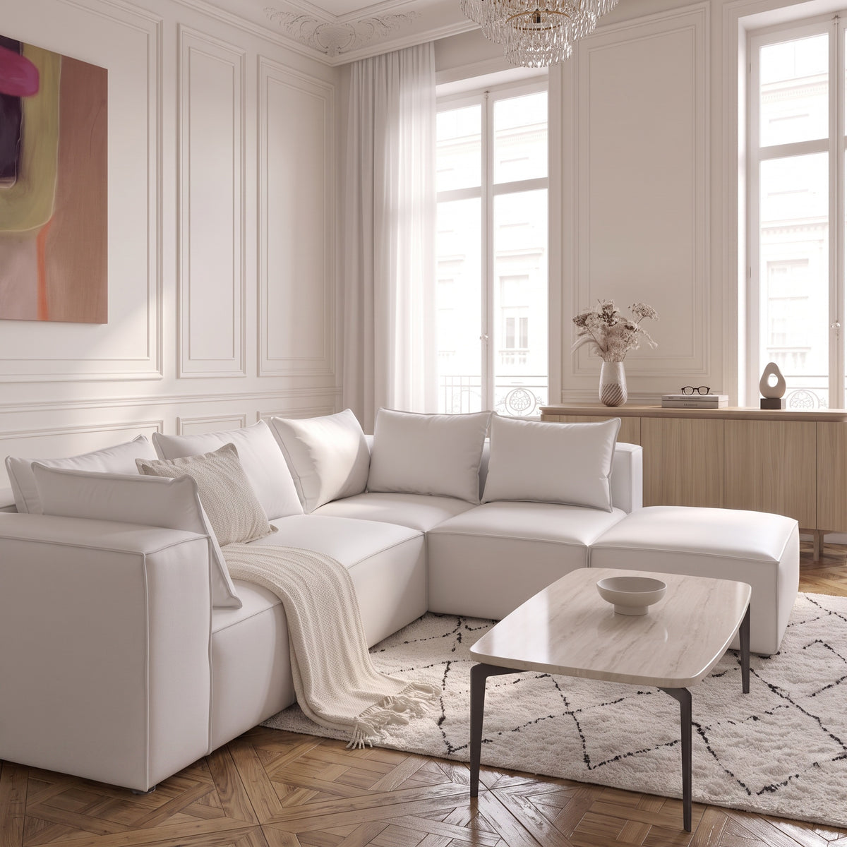 Canapé Modulable 4 Places + Pouf en Velours Blanc