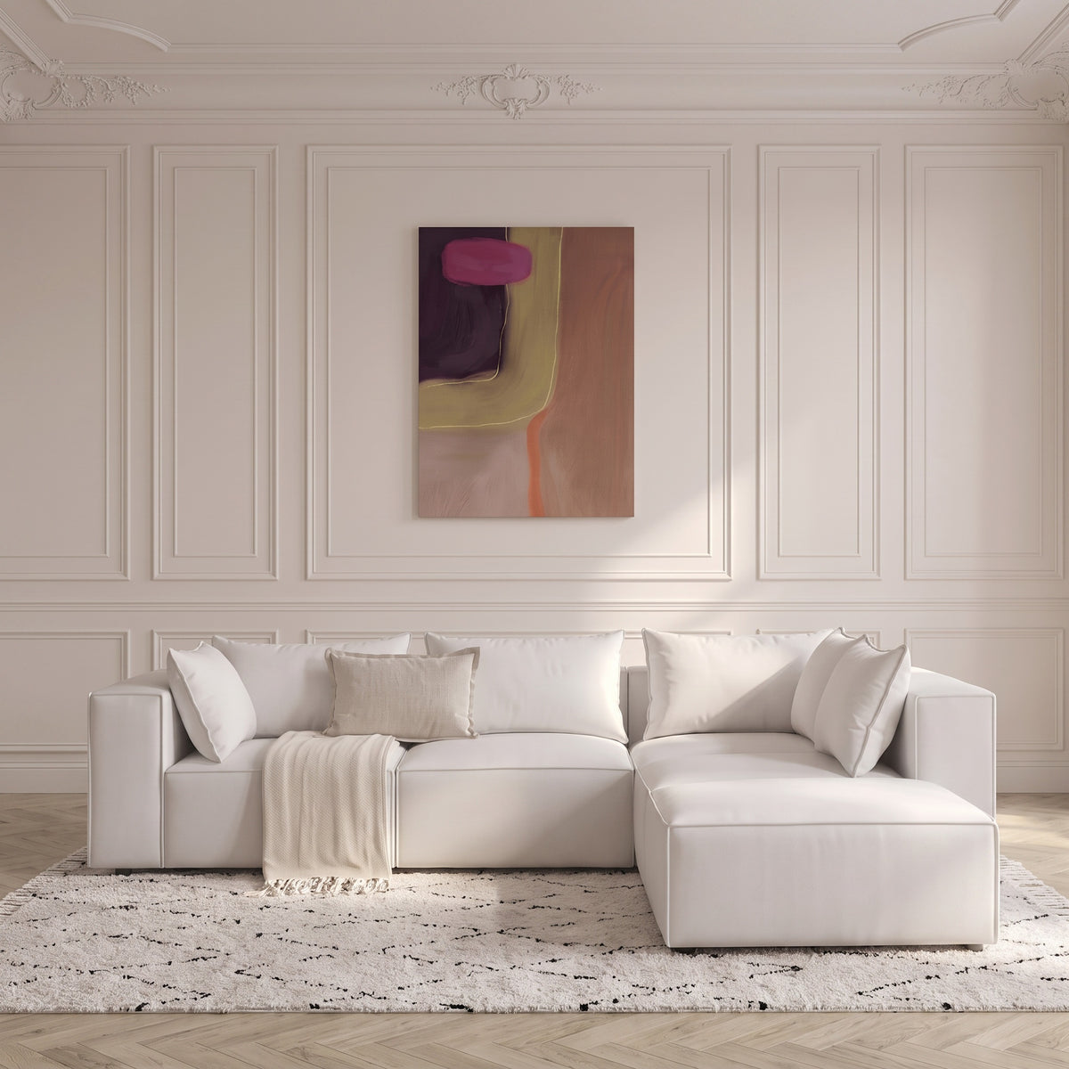 Canapé Modulable 4 Places + Pouf en Velours Blanc
